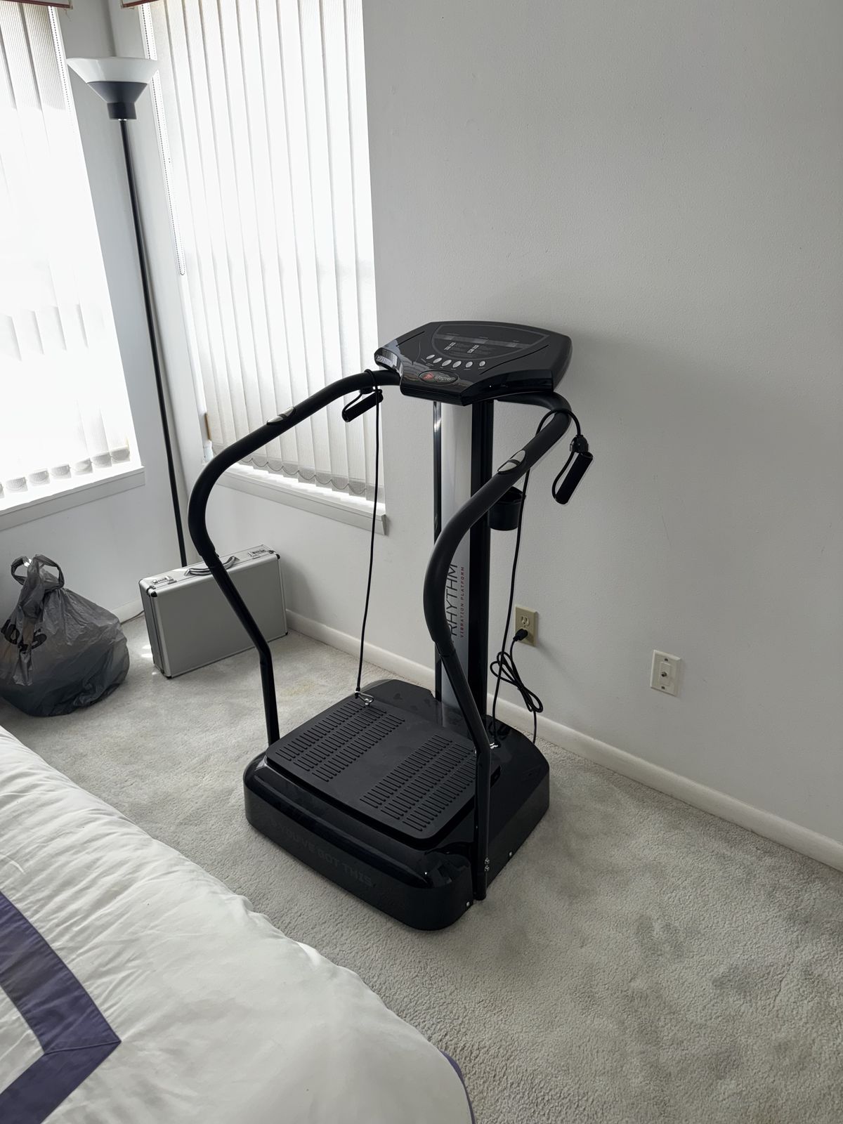 Exercise machine assembled and set up in a bedroom